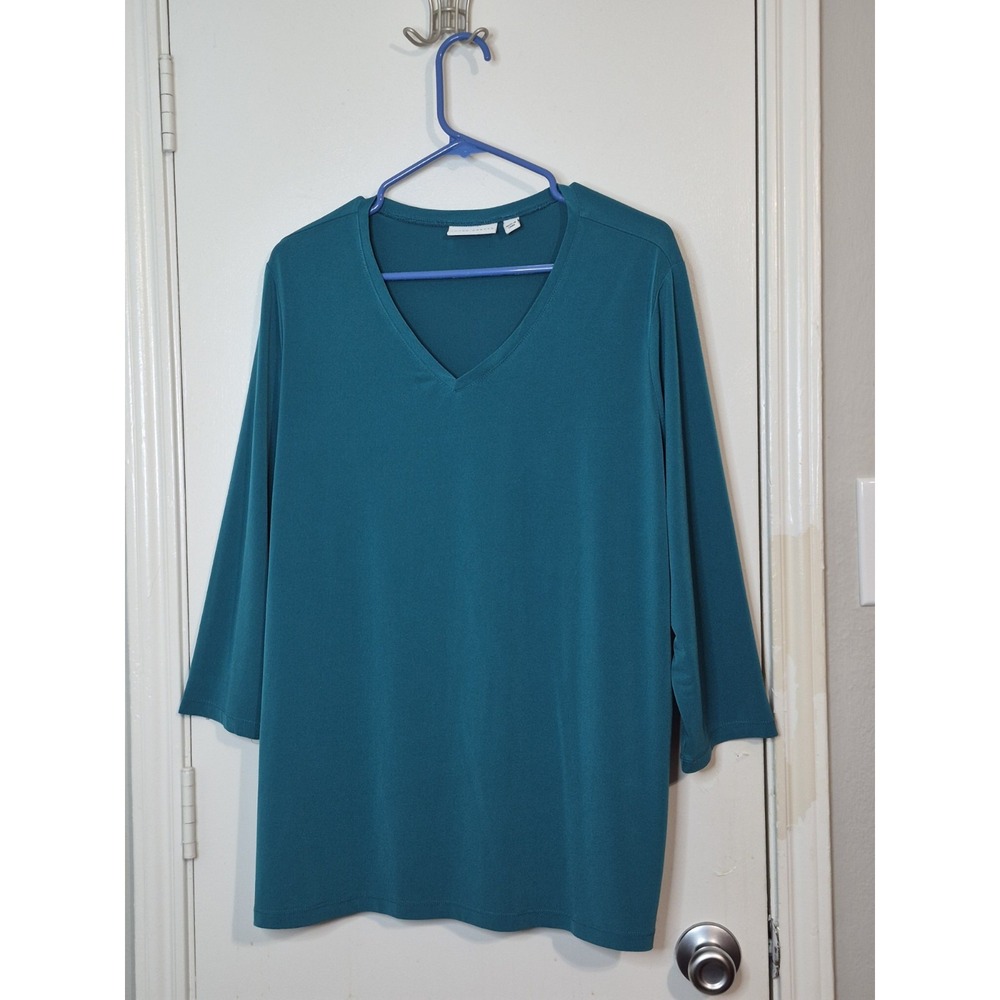 Susan Graver Tunic Liquid Knit Top Womens XL Teal Essentials V-Neck 3/4 Sleeve
